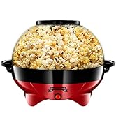 Machine à pop-corn électrique rouge avec couvercle en forme de dôme transparent, remplie de pop-corn fraîchement éclaté.