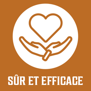 Icône orange et blanche représentant des mains berçant une forme de cœur. Le texte ci-dessous indique « SÛR ET EFFICACE » en blanc sur