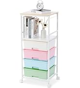 SYKIARIOL Chariot à roulettes avec 4 tiroirs, chariot de salle de bain avec étagère, rangement mobile...