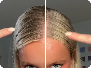 Série de plans rapprochés du processus de coiffure, montrant des cheveux coupés et coiffés à l'aide d'outils de coiffage sur fond neutre.