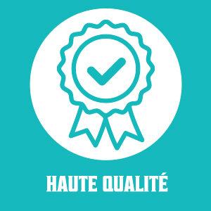 bleu sarcelle avec un badge circulaire avec une coche et un ruban. Le texte indique « HAUTE QUALITÉ » (Haute qualité en