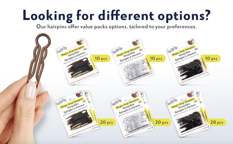 Ensemble d'accessoires pour cheveux à tenir à la main. Plusieurs emballages visibles montrant différentes options de couleurs pour les élastiques à cheveux.