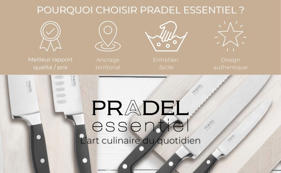 Le texte se lit comme suit : « POURQUOI CHOISIR PRADEL ESSENTIEL ? » et « PRADEL essential ». Bannière marketing avec icônes et texte français pour les ustensiles de cuisine de la marque Pradel.