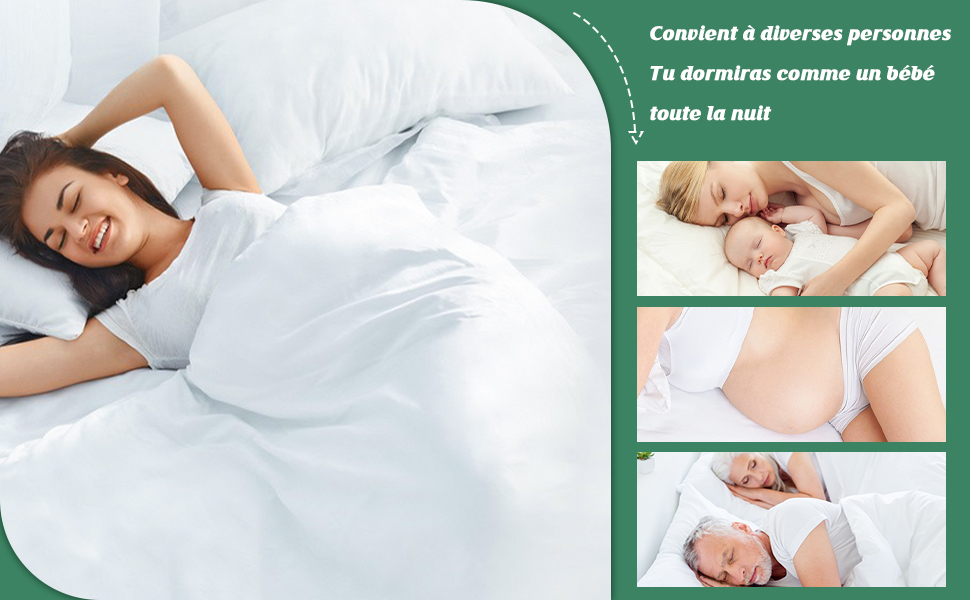 Présentoir de produits de literie et de matelas blancs avec des panneaux d'information indiquant plusieurs positions de sommeil et caractéristiques de confort.