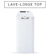 Le texte se lit comme suit : « LAVE-LINGE TOP ». Plan d'appareil cylindrique blanc avec panneau de commande visible.