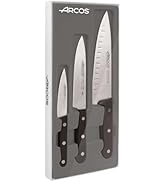 Le texte indique « ARCOS ». Ensemble de couteaux professionnels présenté dans un emballage gris, comprenant trois couteaux de cuisine aux manches noirs.