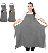 Série de photos montrant un tablier à bretelles gris avec des bretelles réglables au cou et à la taille sous différents angles. Démontre une couverture complète et un design de style professionnel.