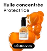 Le texte indique « Huile concentrée » et « Protectrice ». Bouteilles de produits avec des éléments d'agrumes oranges dans le design.