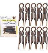 Plusieurs images d'outils de coiffure en plastique brun avec des motifs en forme de griffes, présentées sous différents angles avec l'emballage.