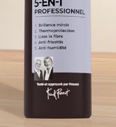 Le texte indique « PROFESSIONNEL » et « Anti-frisottis », « Thermoprotection ». L'emballage du produit est présenté dans des couleurs sombres avec des informations de style professionnelles.