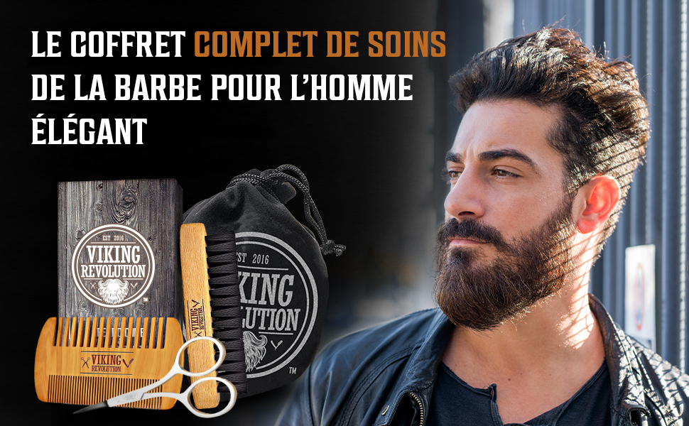 comprenant des outils de toilettage, notamment des ciseaux, un peigne et des contenants de produits. L'image montre un homme à la barbe pleine démontrant l'utilité du kit.