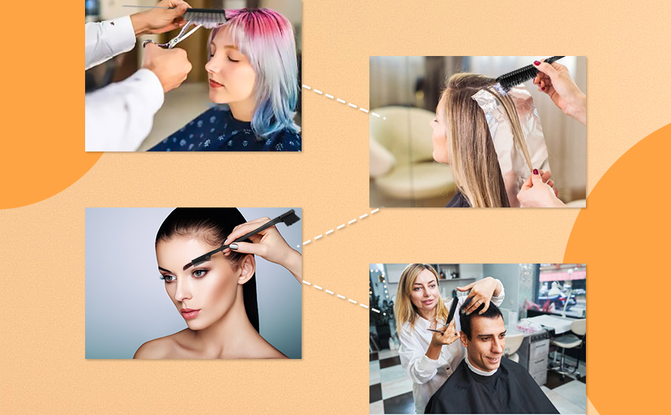 Collage de quatre images de coiffure sur fond orange. Montre les processus de coloration, de coupe et de coiffage des cheveux dans un salon.