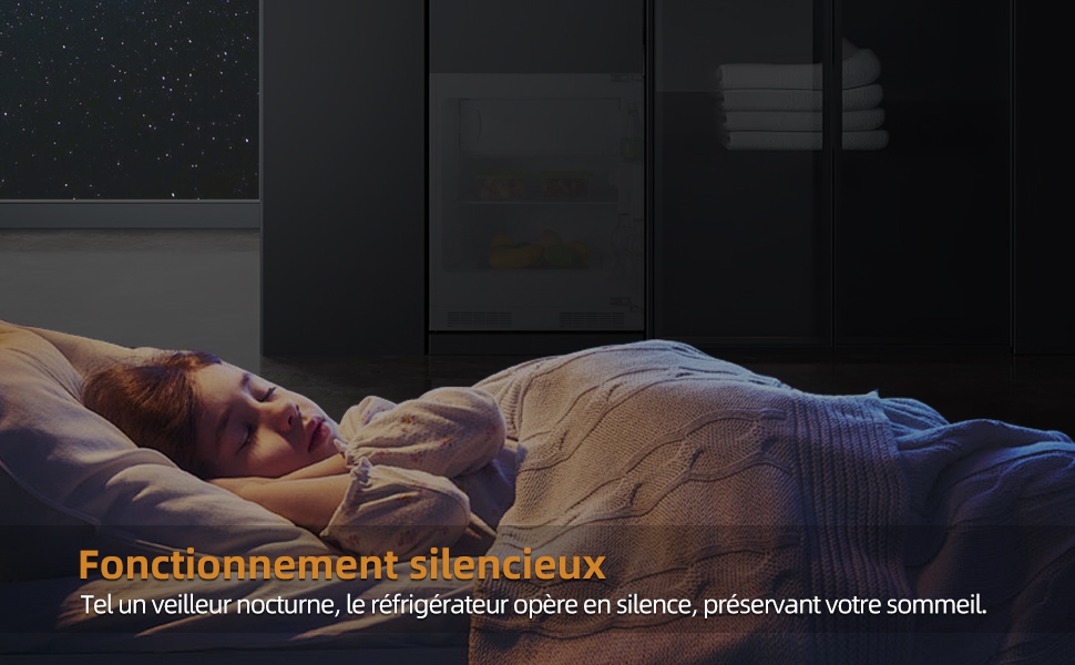 Le texte indique « Fonctionnement silencieux ». Images sombres montrant ce qui semble être de la literie ou des produits liés au sommeil dans des conditions de faible luminosité.