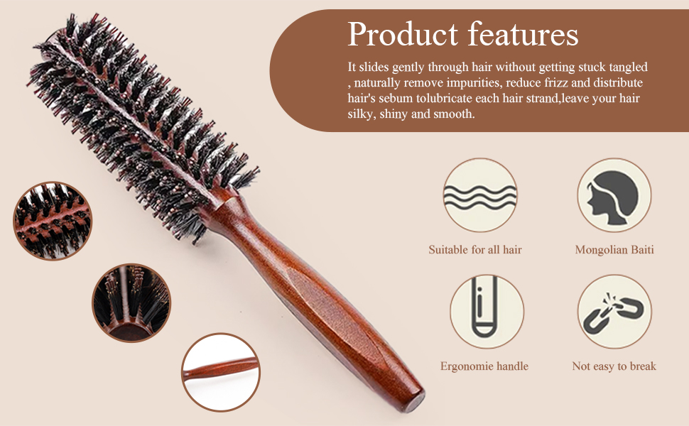 Brosse à cheveux ronde avec manche en bois et poils mixtes. Les caractéristiques du produit incluent une adaptation à tous les types de cheveux, un noyau en acier au manganèse, un manche ergonomique et une durabilité.
