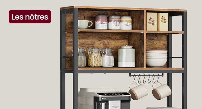 avec structure en métal. Dispose de plusieurs étagères, de crochets et d'un espace de rangement pour les ustensiles de cuisine et les ingrédients.