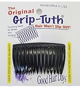 Le texte se lit comme suit : « L'original », « Fabriqué à la main aux États-Unis », « Grip Tutti », « Les cheveux ne glisseront pas ! ». Pince à cheveux en plastique noir avec design strié pour une prise en main sûre.