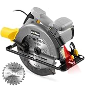 avec lame de 185 mm, 24 dents, protection de sécurité jaune et profondeur de coupe réglable. Les caractéristiques comprennent une alimentation filaire, une poignée latérale et un guide laser