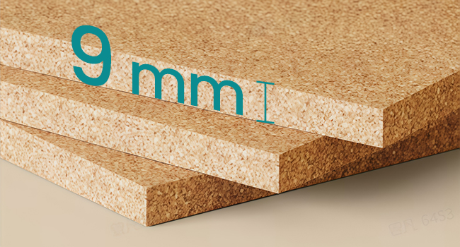 Le texte indique « 5 mm ». Vues rapprochées d'un matériau en liège ou en panneau de particules montrant les mesures d'épaisseur et les détails des bords.