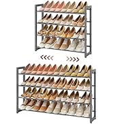 Range-chaussures en métal à deux et quatre niveaux présentés côte à côte, dotés d'une structure en métal gris. Chaque niveau contient plusieurs paires de chaussures dans les tons beige et marron.