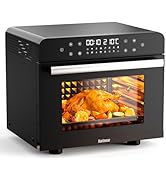 avec affichage numérique. La porte transparente montre du poulet rôti à l'intérieur. L'appareil dispose de plusieurs modes de cuisson et d'un contrôle de la température.