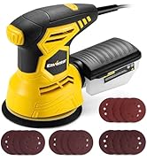 Le texte indique « EnVentor ». Ponceuse orbitale jaune et noire avec poignée ergonomique, cordon d'alimentation et plusieurs disques abrasifs ronds illustrés ci-dessous.