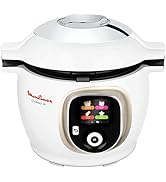 Multicuiseur numérique blanc avec écran LED rond affichant des icônes colorées des programmes de cuisson, doté d'un système de couvercle à verrouillage sécurisé.