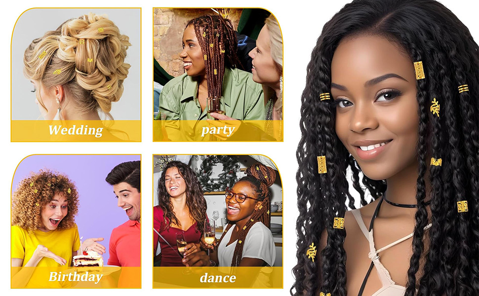 Collage de coiffures et d'événements sociaux. Un chignon pour un mariage, des tresses pour une fête, des boucles pour un anniversaire et de longues tresses foncées avec des accessoires dorés pour la danse ou