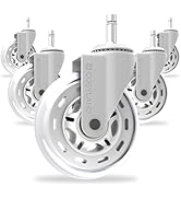 Ensemble de cinq roulettes blanches pour chaises de bureau. Chaque roue présente un design élégant et moderne avec une tige métallique robuste et une surface de roulement en plastique transparent.