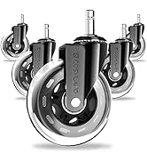 Ensemble de cinq roulettes pour chaises de bureau avec pneus en polyuréthane transparent et cadres en métal noir. Les roues portent la marque Costland et semblent conçues pour un roulement fluide et une protection du sol