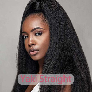 Publicité de produit de coiffure noire longue et droite montrant une texture de cheveux élégante et lisse sur fond neutre.