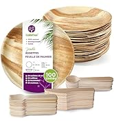 25 assiettes rondes en feuille de palmier de 25 cm avec 75 couverts en bois, vaisselle jetable bi...