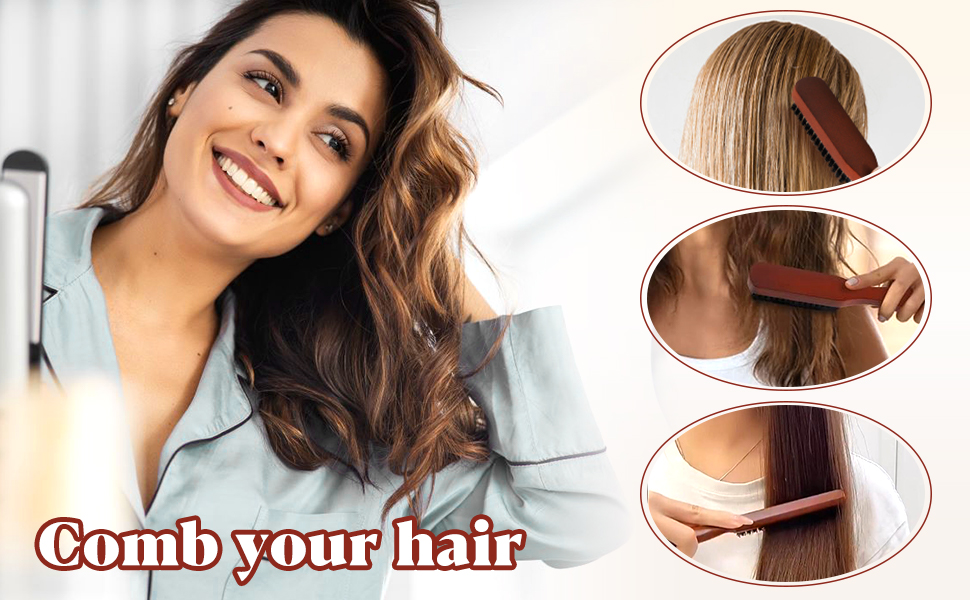 Démonstration de peigne à cheveux avec trois images incrustées montrant les techniques de peignage appropriées pour différentes sections de cheveux longs