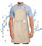 beige avec poche avant contenant des stylos de couleur et un smartphone. Des gouttelettes d'eau et des éclaboussures entourent le tablier, démontrant ses