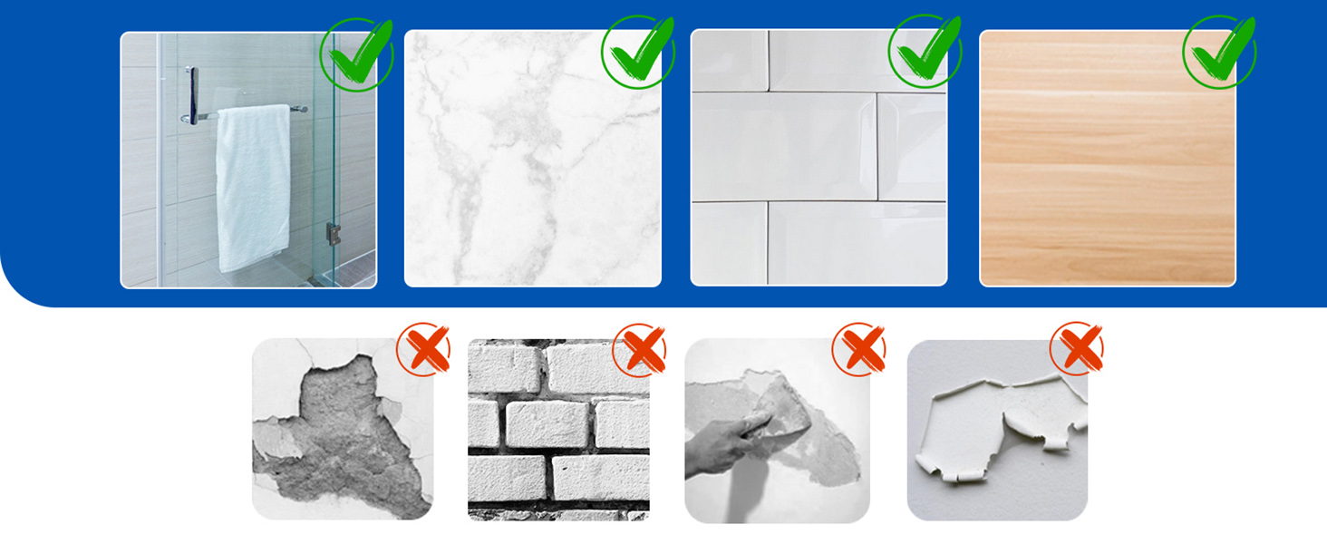 montrant quatre surfaces approuvées pour l'installation (carrelage, marbre, mur peint, bois) et quatre surfaces interdites marquées d'un X rouge.
