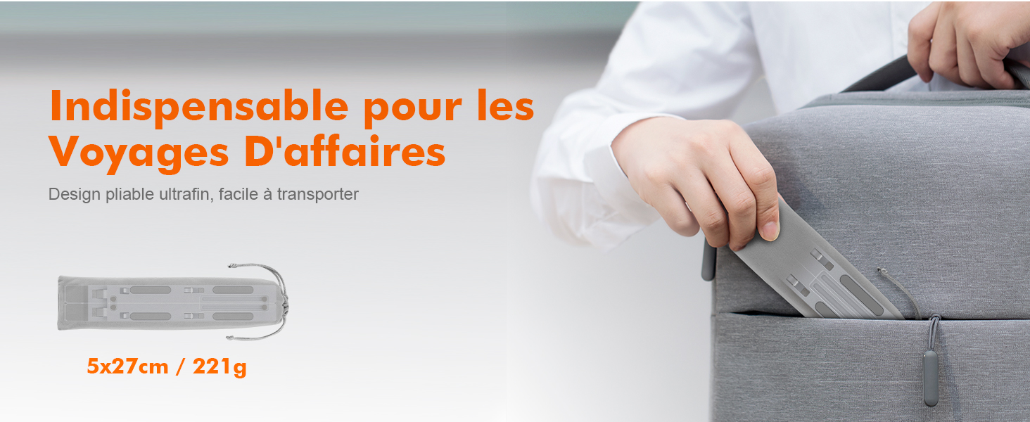 Le texte indique « Indispensable pour les voyages d'affaires » et « 5 x 7 cm/221 g ». Montre des mains tenant ou montrant un appareil ou un accessoire gris compact.