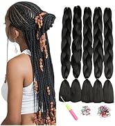 comprenant cinq faisceaux de cheveux synthétiques tressés noirs, des élastiques pour cheveux de différentes couleurs, un outil de coupe et une démonstration de coiffage montrant une coiffure tressée