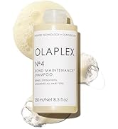 Le texte indique « SHAMPOOING D'ENTRETIEN OLAPLEX No.4 BOND ». Flacon blanc avec distributeur à pompe illustré par des tourbillons et des textures blanc crème.