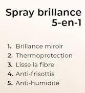 Le texte se lit comme suit : « Spray brillance 5-en-1 », suivi de la liste : « 1. Miroir Brillance 2. Protection thermique 3. Lisse la fibre 4. Anti-frisottis 5. « Anti-humidité »