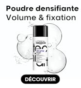 Le texte indique « Poudre densifiante » et « Volume & fixation ». Illustrations linéaires simples de contenants de produits capillaires dans un style noir et blanc. Le bouton « Découvrir » est visible.
