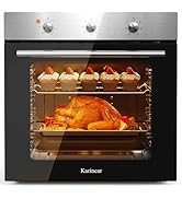 Four électrique encastré avec commandes en acier inoxydable montrant de la dinde rôtie et des desserts en train de cuire à l'intérieur d'une cavité illuminée.