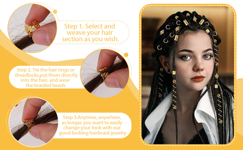 Bijoux pour cheveux dorés avec des instructions détaillées pour le tissage en tresses. Démontre l'application sur les mèches de cheveux foncés et présente des options de coiffage polyvalentes pour les coiffures tressées