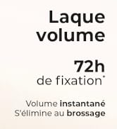 Le texte se lit comme suit : « Laque volume 72h Volume instantané s'élimine au brossage de fixation ». Le produit semble être un emballage lié à la coiffure.