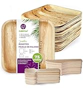 Vaisselle jetable 75 pièces, 25 assiettes carrées en feuille de palmier, ensemble de couverts en ...