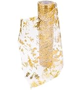 Chemin De Table Filet avec Feuille d'or,28cmx10m Chemin De Table Polyester,Ruban De Table Métalli...