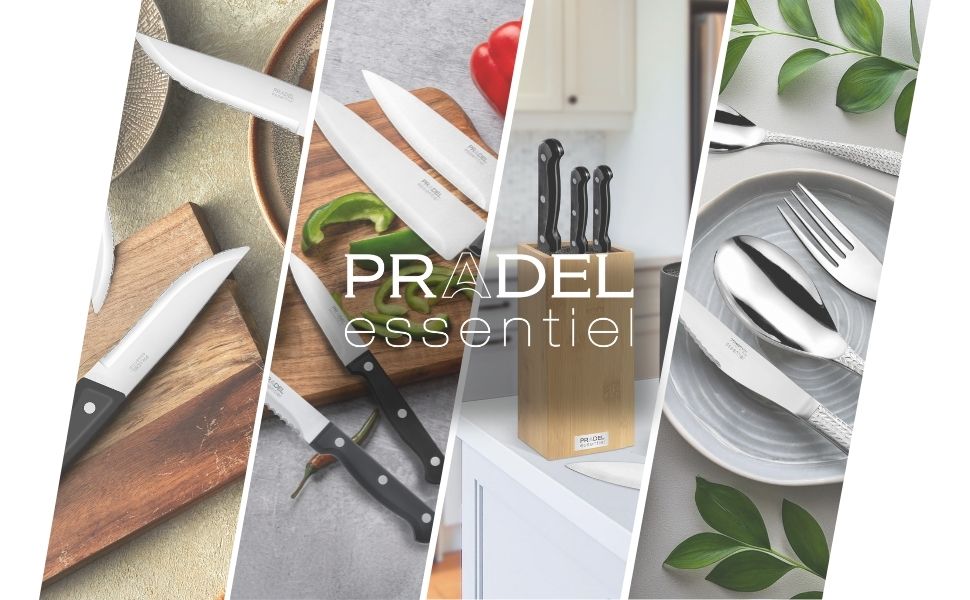 Le texte indique « PR essentiel ». Collage de photographies de produits en gros plan montrant des ustensiles de cuisine, des couverts et des ustensiles de cuisine dans des tons neutres.