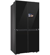 Grand réfrigérateur noir avec portes doubles en configuration côte à côte sur fond blanc.