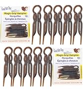 Le texte se lit comme suit : « Épingles à cheveux Magic Grip ». Plusieurs ensembles d'épingles à cheveux en plastique brun disposés en rangées, présentés avec l'emballage du produit portant le nom de la marque.