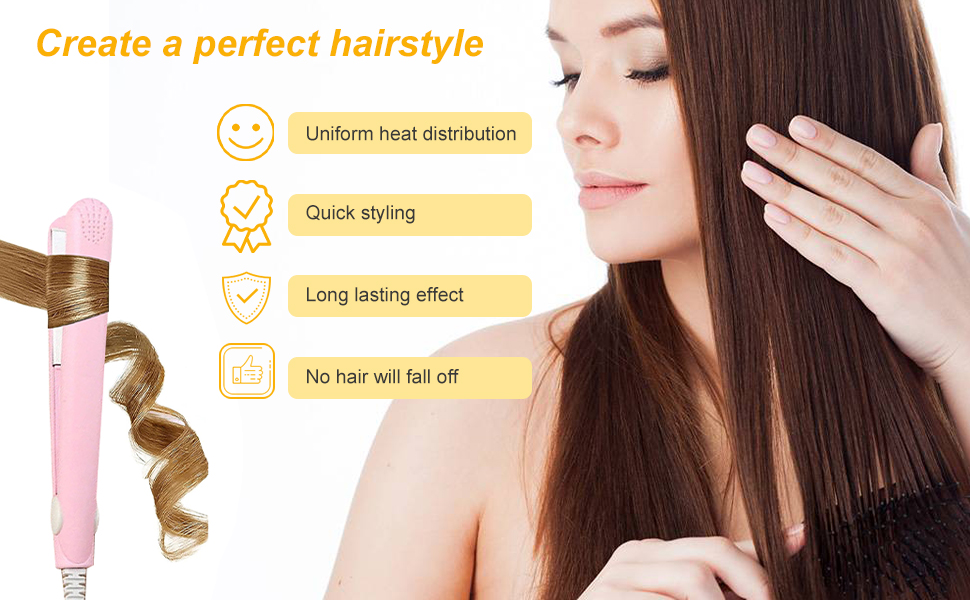 avec les avantages du produit répertoriés : répartition uniforme de la chaleur, coiffage rapide, effet durable et rétention des cheveux.