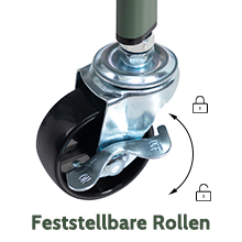 avec roue en plastique noire et boîtier métallique. Comprend une tige filetée pour la fixation. Texte « Feststellbare