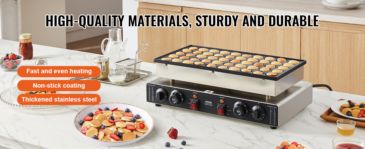 Le texte indique « MATÉRIAUX DE HAUTE QUALITÉ, ROBUSTES ET DURABLES ». Plaque chauffante électrique commerciale illustrée en train de cuire divers aliments avec plusieurs zones de chauffage.